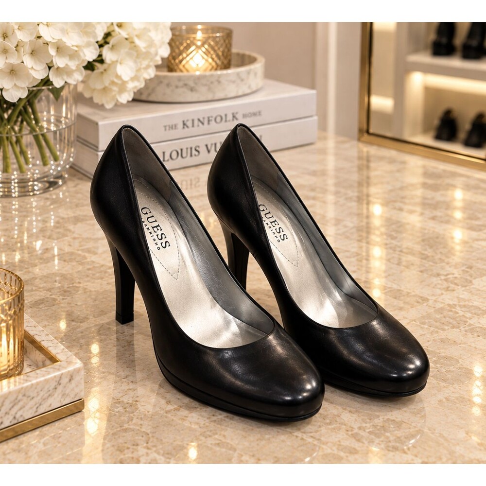 GUESS by Marciano Womens 7 Black Leather Platform Pumps Round Toe Heels Shoes